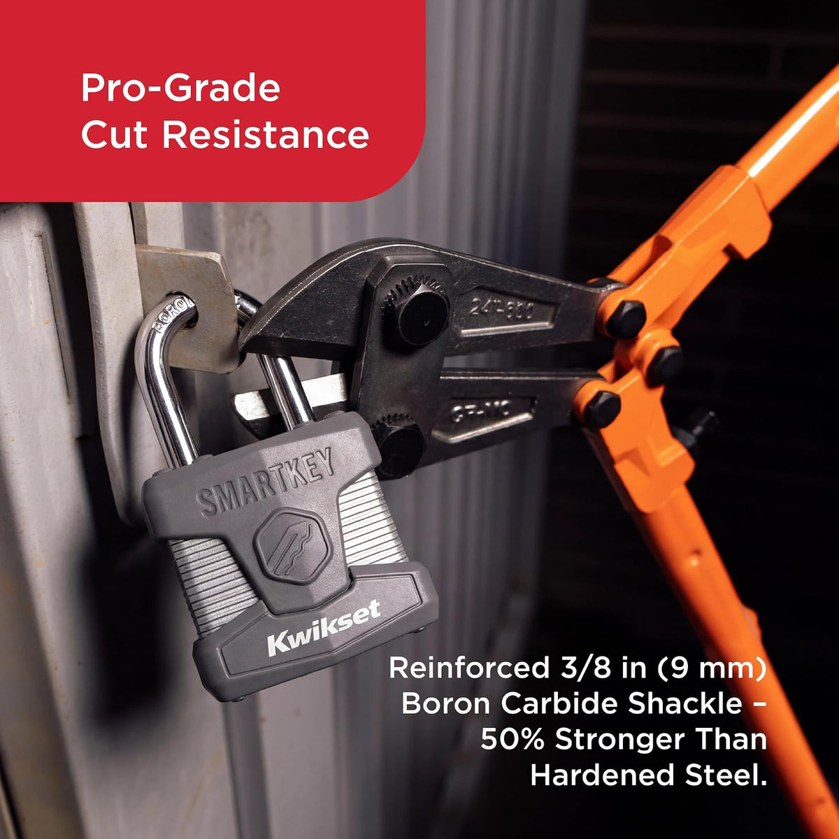Kwikset SmartKey - Candado de acero laminado con llave con grillete de carburo de boro, puerta exterior y cerradura de almacenamiento, cuerpo de 2 pulgadas, grillete de 1-1/2 pulgadas, paquete de 2