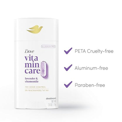 Dove Vitamincare+ Desodorante Libre de Aluminio En Barra Lavanda y Manzanilla para 72H Protección Contra Olores, Desodorante Transpirable para Mujeres 2.6 Oz