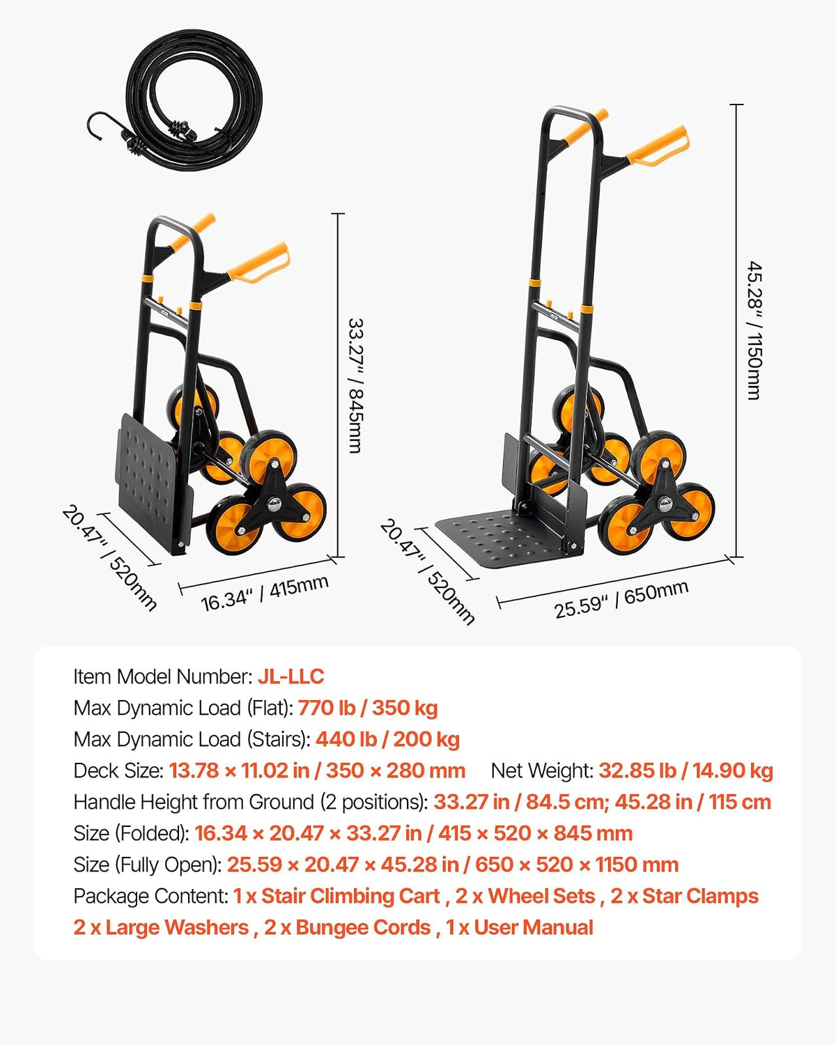 VEVOR Carretilla para Subir Escaleras Carga de 200 kg, Carro de Escalera Plegable con Asa Telescópica, 6 Ruedas y 2 Cuerdas Elásticas, para Transporte, Almacén, Centro Comercial, Mudanzas, Oficina