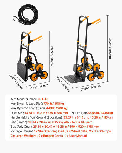 VEVOR Carretilla para Subir Escaleras Carga de 200 kg, Carro de Escalera Plegable con Asa Telescópica, 6 Ruedas y 2 Cuerdas Elásticas, para Transporte, Almacén, Centro Comercial, Mudanzas, Oficina