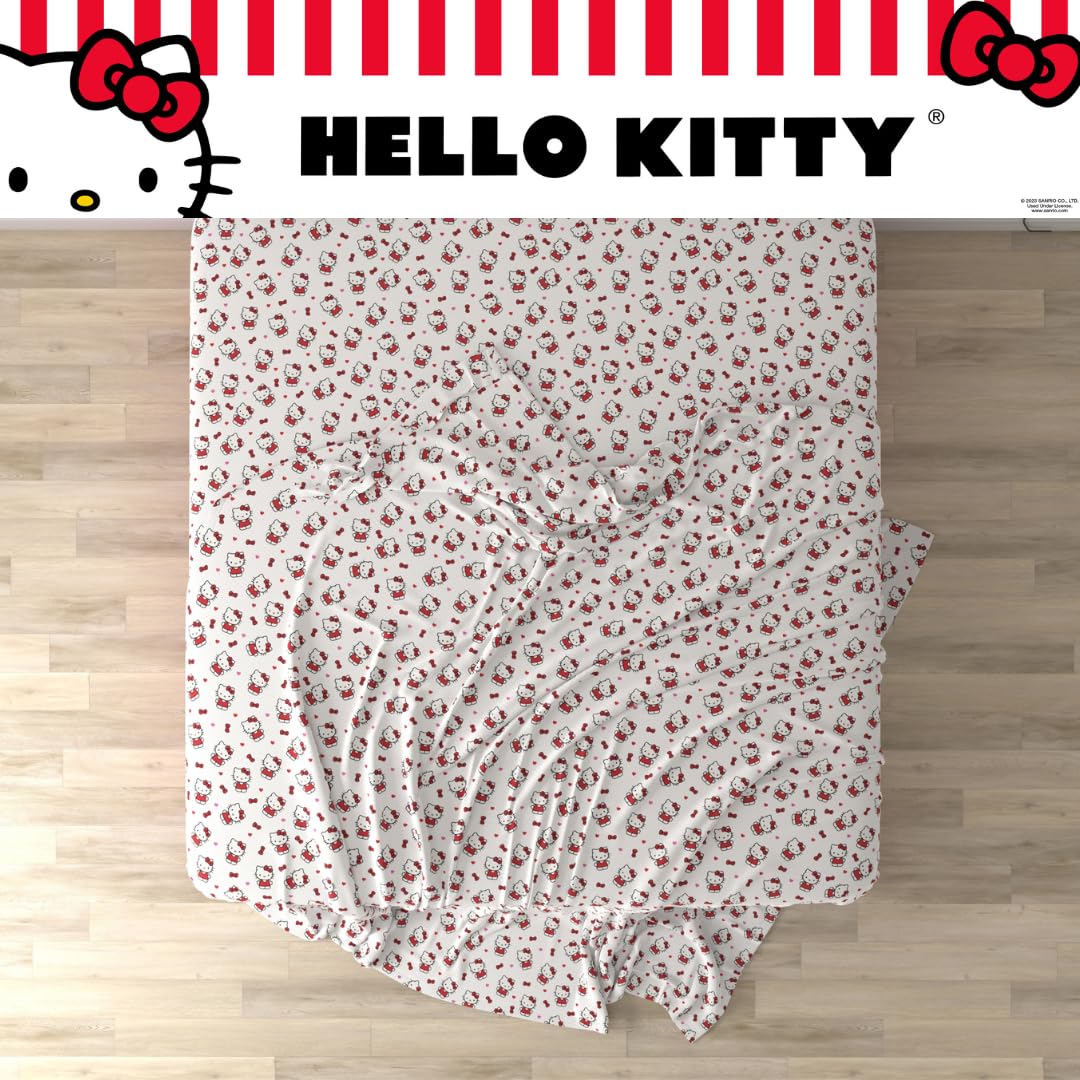 Franco Collectibles Hello Kitty Bedding Juego de sábanas de algodón súper Suave de 3 Piezas Individual XL, Esenciales para recámara Universitario (Producto con Licencia Oficial)
