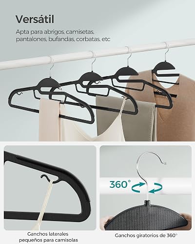 SONGMICS 50 Perchas de Plástico, Antideslizantes, Ahorro de Espacio, 41,5 cm de Largo, Gancho Giratorio 360º, Negro MCRP41BK-50