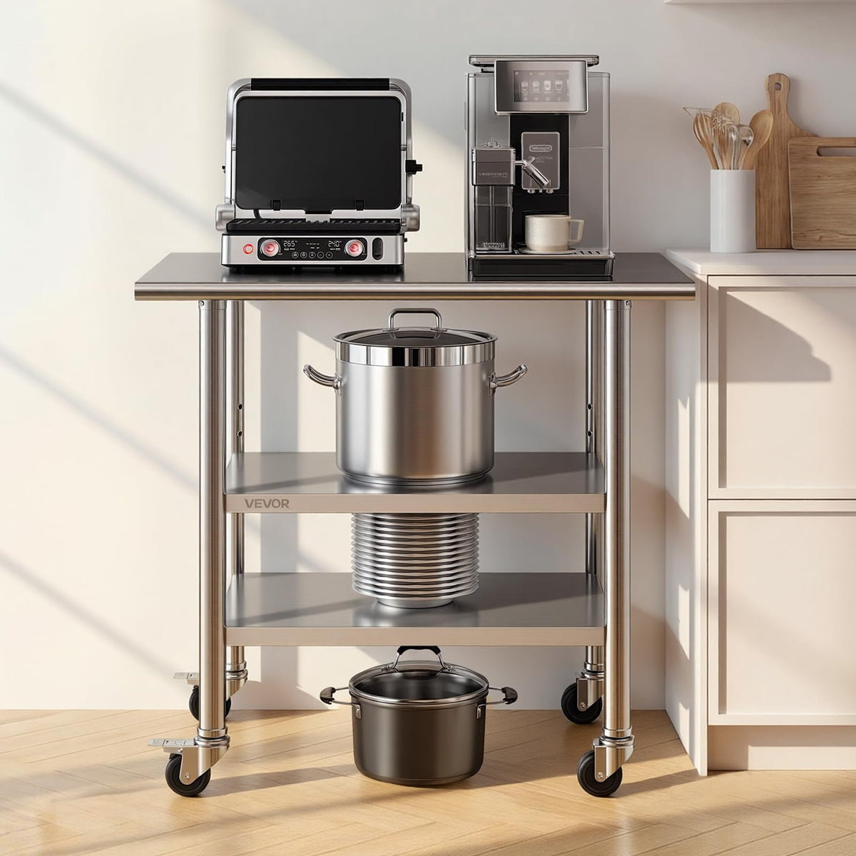 VEVOR Mesa de Preparación con Ruedas 91,5 x 61 x 86,4 cm, Mesa de Trabajo de Acero Inoxidable 3 Niveles, con Estante Ajustable, Bordes Redondeados, para Restaurantes, Hoteles, Cocinas, Garajes
