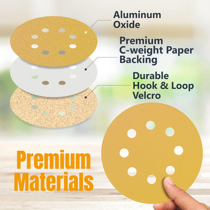 POWERTEC 50 discos de lijado de gancho y bucle de grano 80 de 5 pulgadas, 8 agujeros, almohadillas para orejas de lijado de 5 pulgadas para automóvil, paneles de yeso, carpintería con lijadora