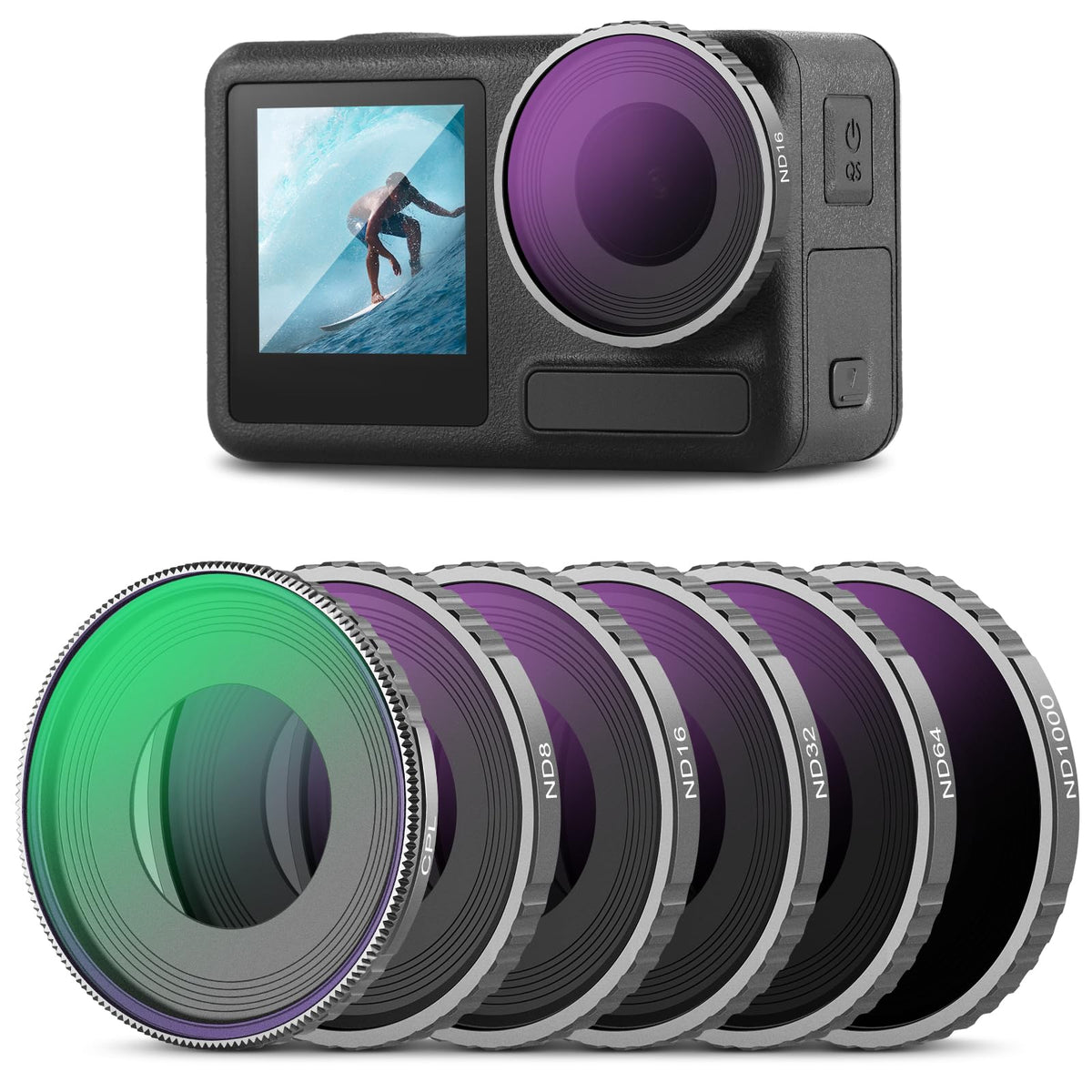 Neewer - Juego de filtros ND Compatible con dji Osmo Action5 Pro/Action4, Paquete de 6 ND8 ND16 ND32 ND64 ND1000 CPL+Kit de Filtro de Densidad Neutra, Accesorios de cámara de acción, Vidrio óptico HD