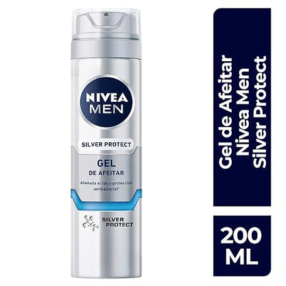 NIVEA MEN Gel para Afeitar Silver Protect (200 ml) Antibacterial con Iones de Plata, Manzanilla y Pro Vitamina B5 para una afeitada al ras