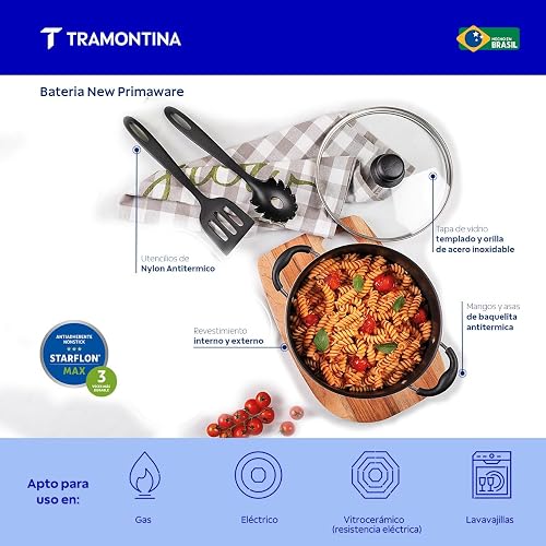 Tramontina Batería Primaware Antiadherente Starflon Max 9 Pz | Gris, con vaporera, aluminio, antiadherente sin PFOA, mangos antitérmicos