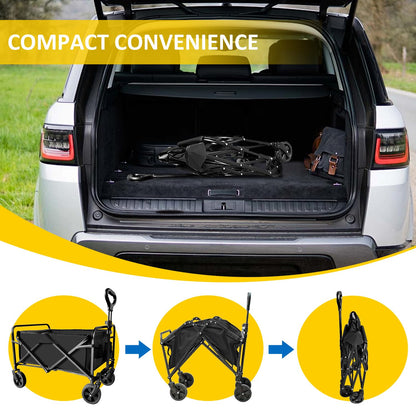 Carro Plegable Plegable con Ruedas Todo Terreno, Carro Resistente al Aire última intervensión con asa Ajustable, Carrito de Gran Capacidad para Camping, Playa, Deportes y Compras, Color Negro