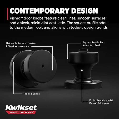 Kwikset Pismo - perilla de puerta con cierre de privacidad, mango interior con cerradura sin llave para puertas de recámara y baño, con rosa redonda, con protección Microban en negro mate