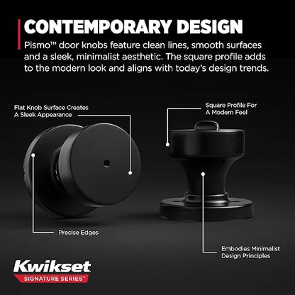 Kwikset Pismo - perilla de puerta con cierre de privacidad, mango interior con cerradura sin llave para puertas de recámara y baño, con rosa redonda, con protección Microban en negro mate