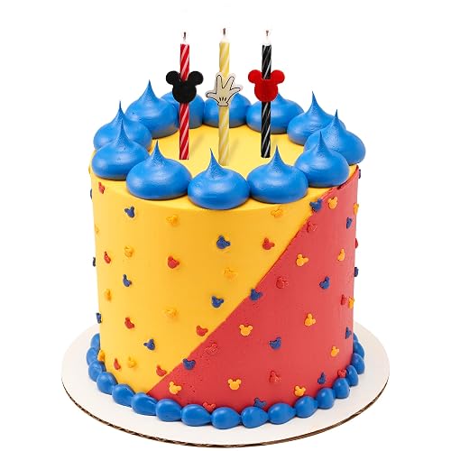 Disney Mickey Mouse - Velas de cumpleaños para tartas, 6 velas de cumpleaños para decoración de pasteles, velas de rayas rojas, amarillas y negras para fiestas de Mickey Mouse