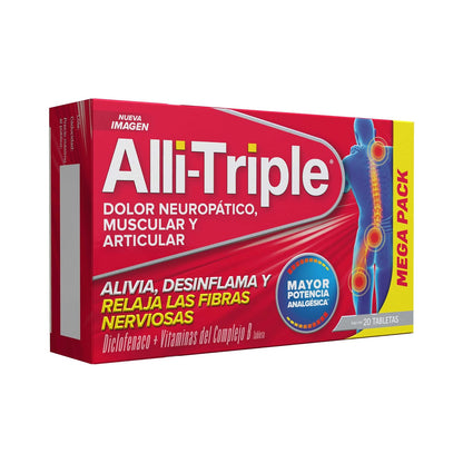 Alliviax ALLITRIPLE Alivio triple: ciática, lumbar y cervical, Alivia el dolor e inflamación de músculos, articulaciones y fibras nerviosas, con diclofenaco y complejo b, Caja con 20 tabletas