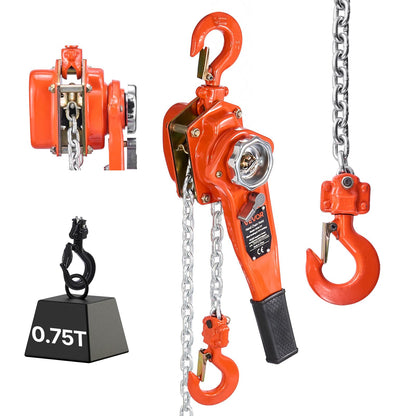 VEVOR Mini Polipasto de Cadena Manual de Palanca, 0,75 T, Elevación de 6 m, con freno mecánico de doble trinquete, ganchos giratorios 360°, para almacén, construcción y garaje, 460 x 115 x 155 mm