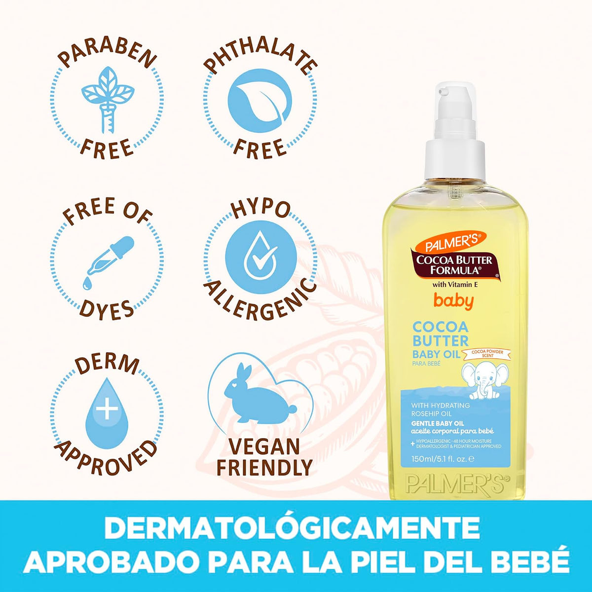 Palmer's Cocoa Butter Formula Aceite para Bebé con Manteca de Cacao, Aceite de Argán y Vitamina E, Aceite de Masaje, 48 horas de Humectación, Dermatológicamente Probado, Hipoalergénico, 150ml