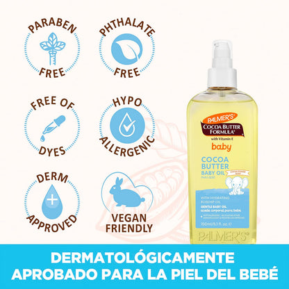 Palmer's Cocoa Butter Formula Aceite para Bebé con Manteca de Cacao, Aceite de Argán y Vitamina E, Aceite de Masaje, 48 horas de Humectación, Dermatológicamente Probado, Hipoalergénico, 150ml