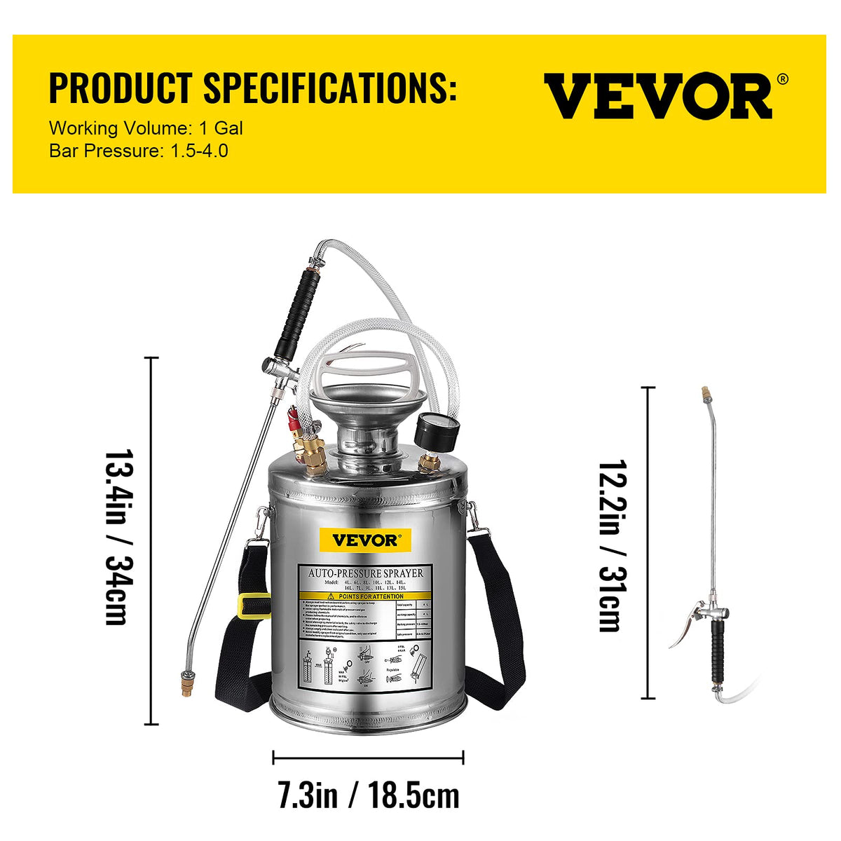 VEVOR Pulverizador de Mochila Manual Capacidad de 4 L Rociador de Mochila Presión de 1,5-4,0 Bar con Boquilla de Latón Uso en Interior y Exterior para Jardinería Doméstica y Limpieza de Pisos