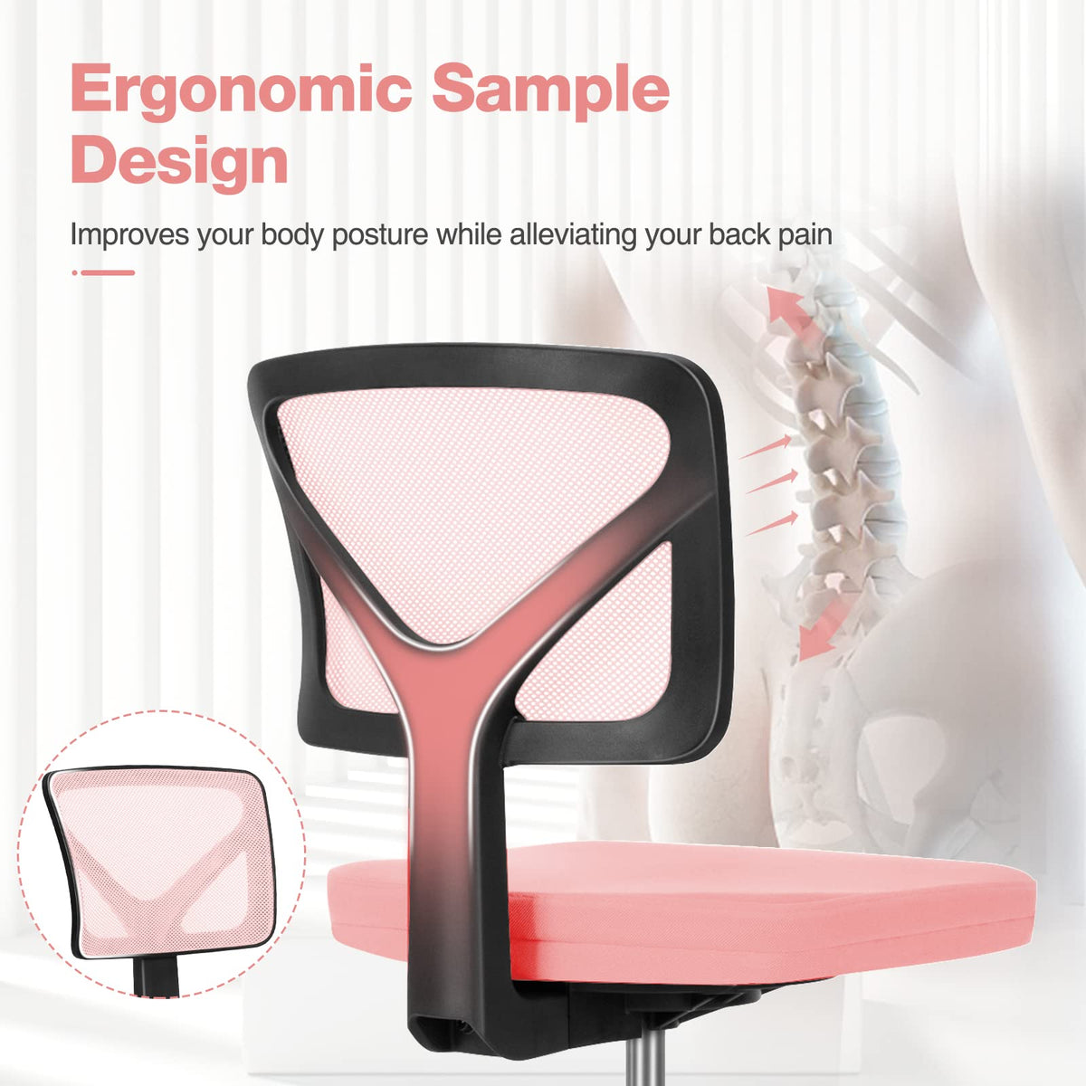 Sweetcrispy - Silla de computadora de Oficina, ergonómica, con Respaldo bajo, con Ruedas, Asiento cómodo sin Brazos, Soporte Lumbar para el hogar, recámara, Estudio, Estudiante, Adultos, Color Rosa