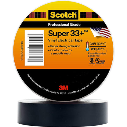 Scotch Super 33+ Cinta Eléctrica de Vinilo, 3/4 pulg, Negro - 3 - 4" X 44' - Cinta