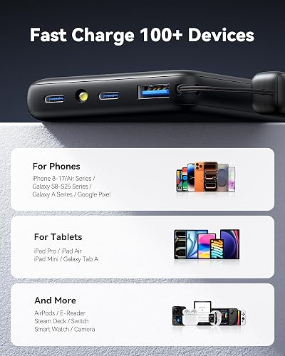 INIU Cargador portátil, Ultra Delgado de 45W de Carga rápida con Cable USB C Adjunto, batería de Banco de Potencia PD de 10000mAh Segura para vuelos, Cargador de teléfono Esencial para Viajes para