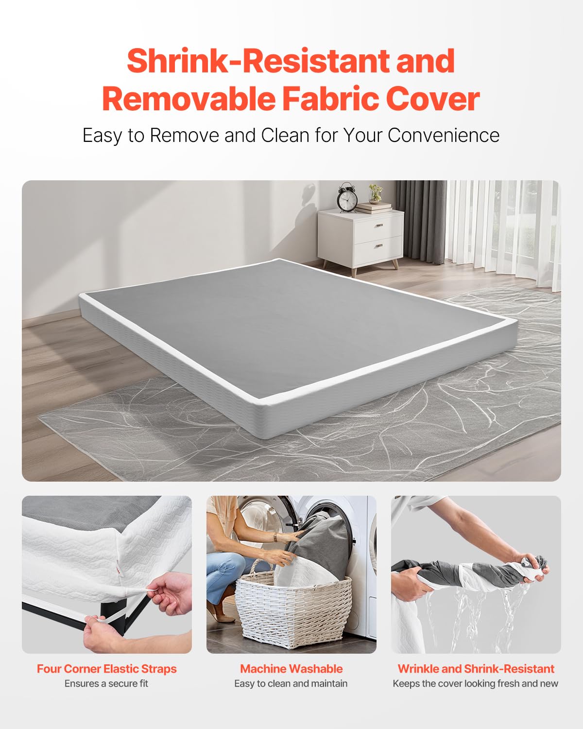 VEVOR - Somier de cama tamaño Queen con tela lavable, marco de metal resistente para cama Queen, base de colchón de 5 pulgadas, capacidad máxima de peso de 3500 libras, fácil montaje, 79.1 pulgadas de