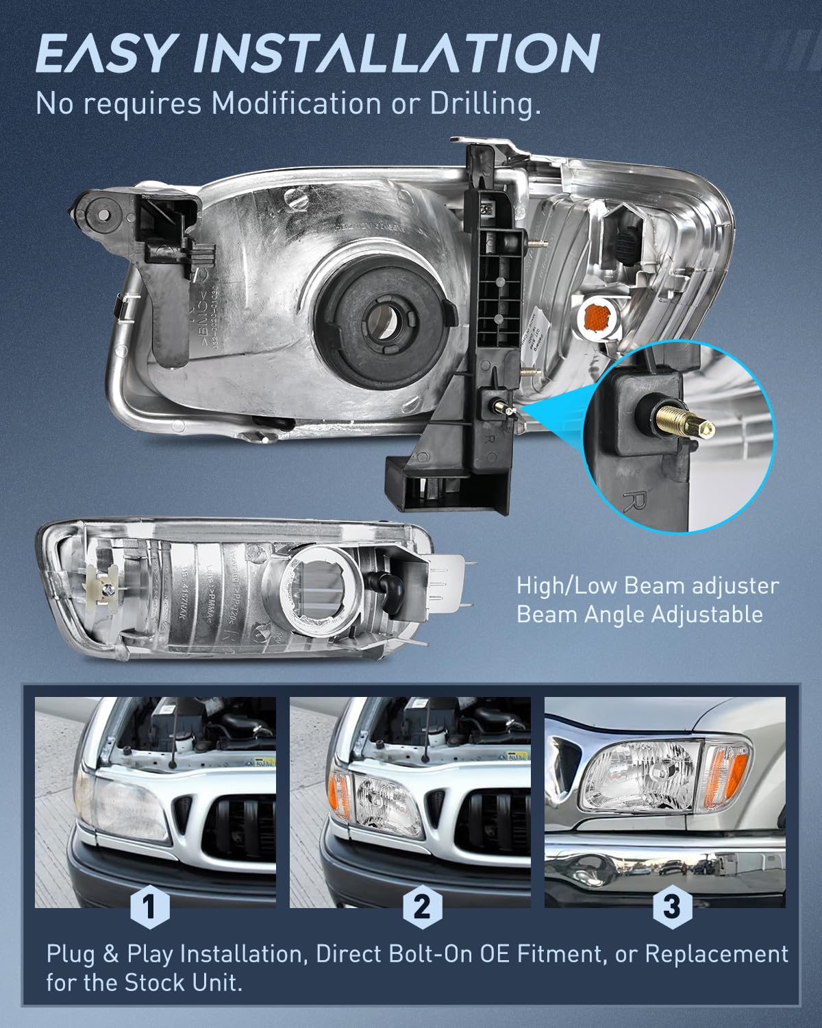 Nilight NA722 Conjunto de Faros Delanteros para Toyota Tacoma 2001-2004, Carcasa Cromada, Reflector Ámbar