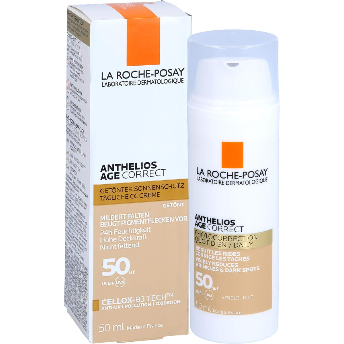 La Roche-Posay Anthelios AgeCorrect Protector Solar Antiedad Color 50ml | Reduce Arrugas, Corrige Manchas, Unifica el Tono, con Ácido Hialurónico y Niacinamida
