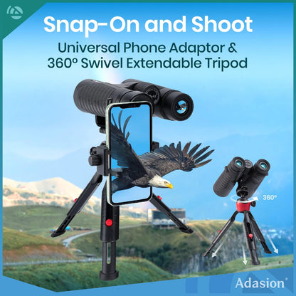 Adasion Binoculares 12x42 | Para adultos, adaptador fotografía smartphone, ocular 18 mm, lente BAK4, impermeable, 1 libra