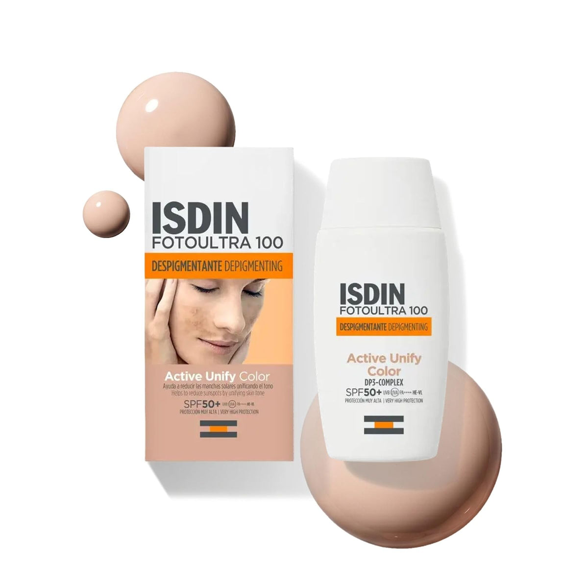 ISDIN FotoUltra 100 Active Unify SPF 50+, Protector Solar Facial con color, Aclara y unifica el tono de piel, 50 ml
