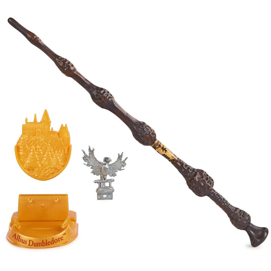 Wizarding World Harry Potter - Auténtica Varita Albus Dumbledore de plástico con Soporte Hogwarts, 30,5 cm, Juguete para niños a Partir de 14 años, artículo para Fans, Color Dorado