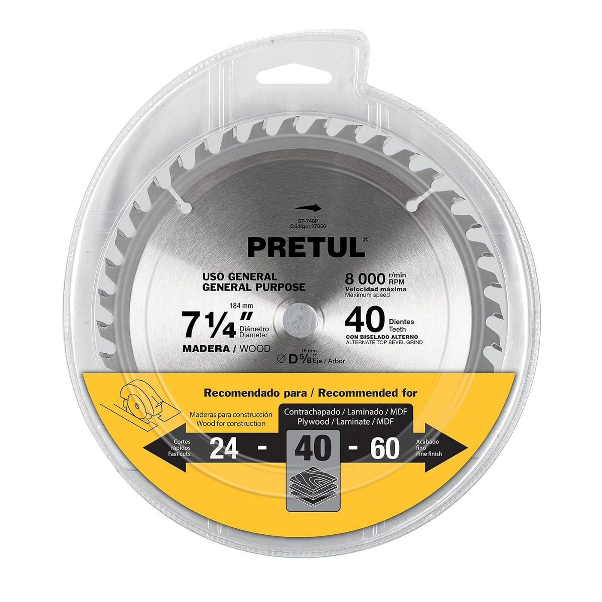 Pretul ST-740P, Disco sierra 7-1/4" para madera 40 dientes centro 5/8"