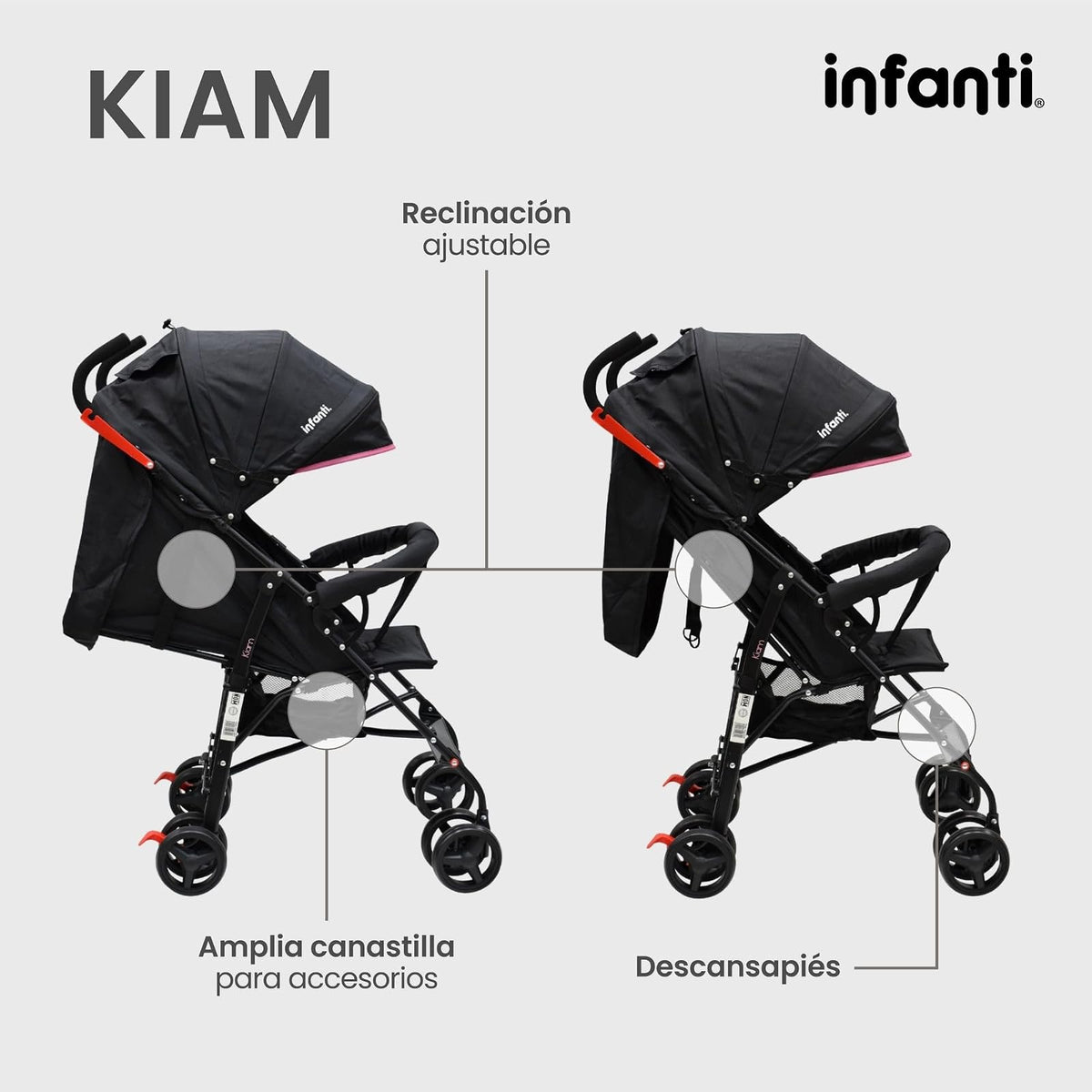 Infanti - Carriola para bebe KIAM - Carreola Ligera para Viajes De 6 Meses hasta 15 kg - Compacta y Con Barra de Seguridad - Color Negro con Rosa