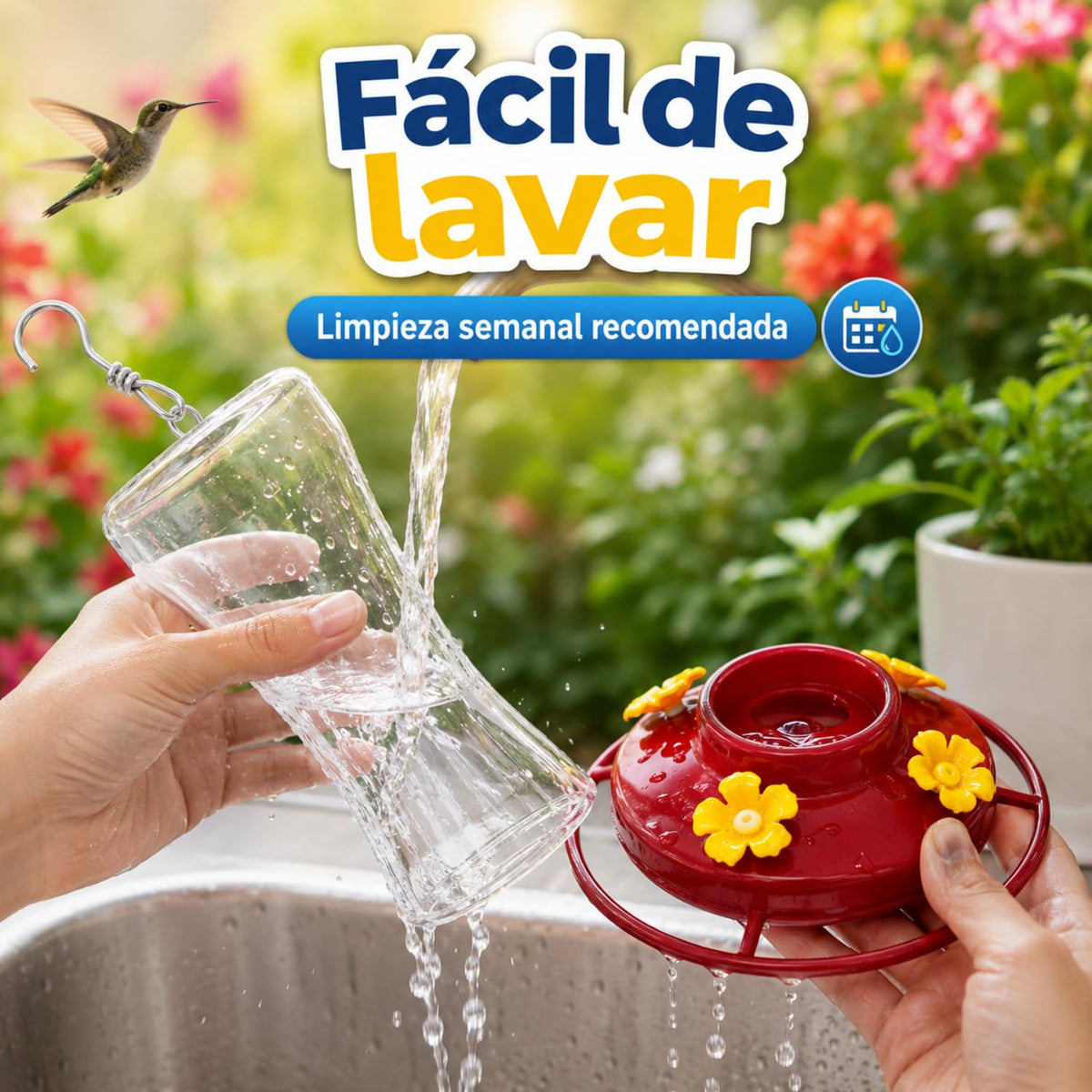 Red Kite Bebedero para Colibrí con 4 Estaciones de Alimentación | 470 ml | Base con Descanso | Plástico Transparente | Incluye Gancho y Alambre para Colgar