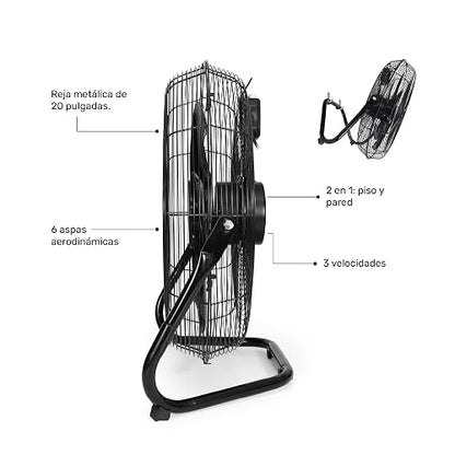 TAURUS FLASH | Circulador de Aire Metálico Industrial 20” | Motor Industrial Potente | 6 Aspas Aerodinámicas Alto Flujo y Bajo Ruido | Reja Metálica | Piso y Pared | 3 Velocidades | Garantía 5 Años