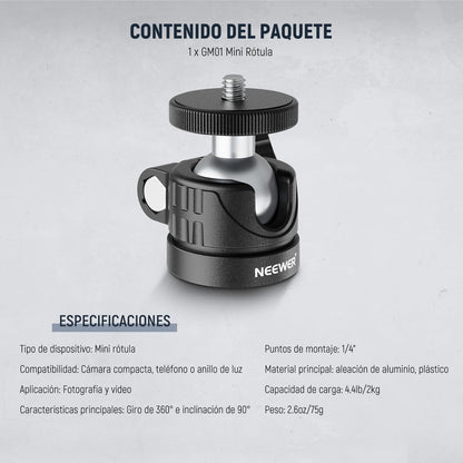 NEEWER BÁSICO Mini Rótula, Adaptador Montaje para Trípode Portátil con Tornillo 1/4" para Cámara Acción DSLR Compacta, Aro Luz LED, Monopié Deslizante, Carga Máx 2 kg, 60° Swivel & 90° Tilt, GM01