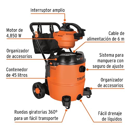 Truper ASP-16S Aspiradora/sopladora de sólidos y líquidos 16 GAL, plástica Naranja