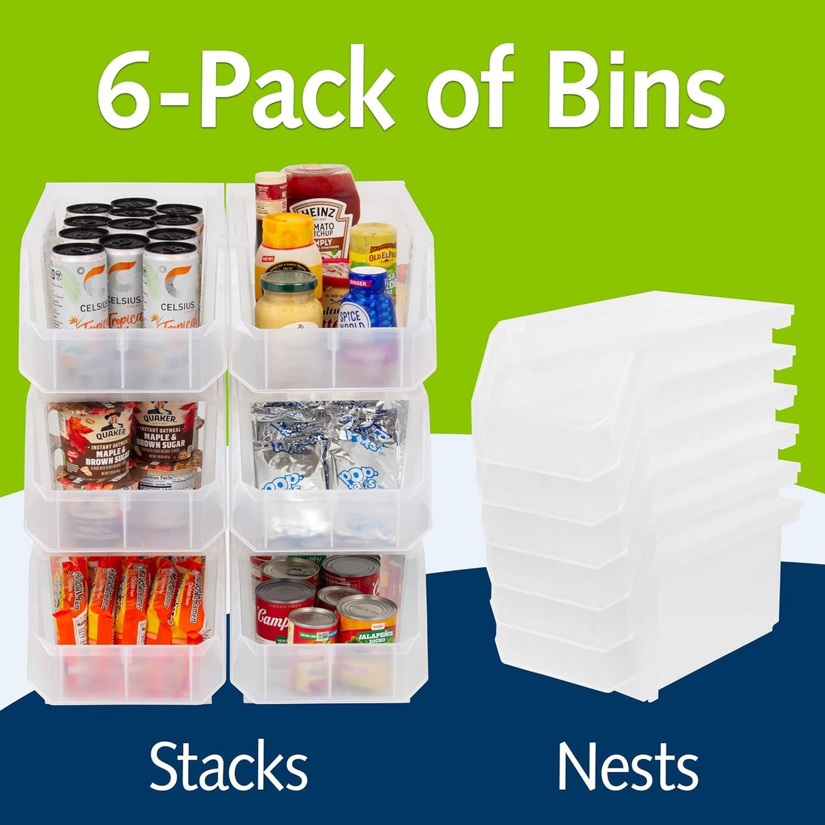 ReadySpace Contenedores de Plástico para Organizar | Grande, 14.8 x 8 x 7 pulgadas, 6-Pack, Apilables, Uso en Clóset, Cocina, Oficina, Cochera, Despensa
