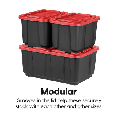 IRIS USA 4 Contenedores Resistentes de 12 Gal con Tapa, Rojo | Diseñado para equipo estacional y suministros. Forma apilable que aprovecha espacio en garajes y estantes.