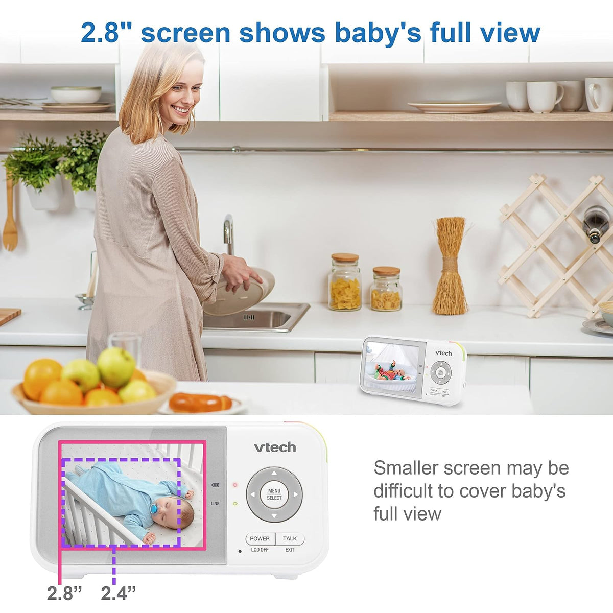 VTech VM923 Monitor de vídeo para bebé con batería de 19 horas, alcance de 305 m de largo, zoom panorámico, visión nocturna mejorada, pantalla de 2.8 pulgadas, conversación de audio de 2 vías, sensor de temperatura, modo de ahorro de energía y canciones d
