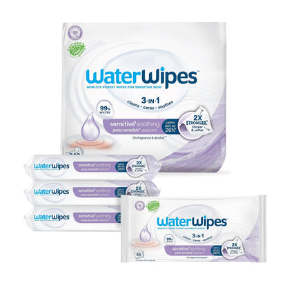 WATERWIPES, Toallitas Húmedas Soothing Clean, Calman y Limpian, 99% Agua, 6x60 Paquetes Incluidos.