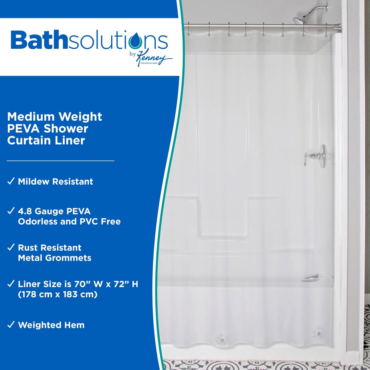 Kenney KN61443 - Cortina de ducha impermeable de PEVA de calibre 5, con ojales de metal resistentes al óxido y dobladillo magnético pesado para baño, 70 pulgadas de ancho x 72 pulgadas de alto, transparente, 1 paquete