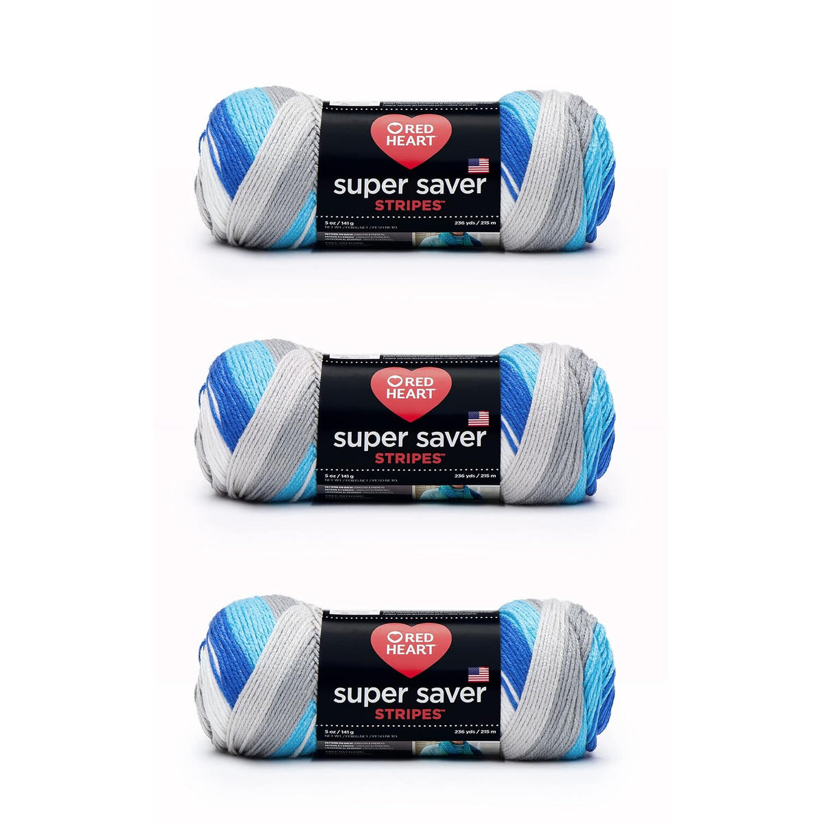 Red Heart Super Saver Estambre Acrílico, Varios Colores - Rayas tranquilas - Paquete de 3