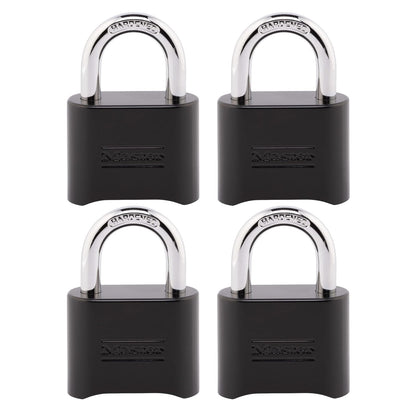 Master Lock Candado de Combinación Negro, Configurable, Resistente a la Intemperie - Cerradura de combinación, paquete de 4