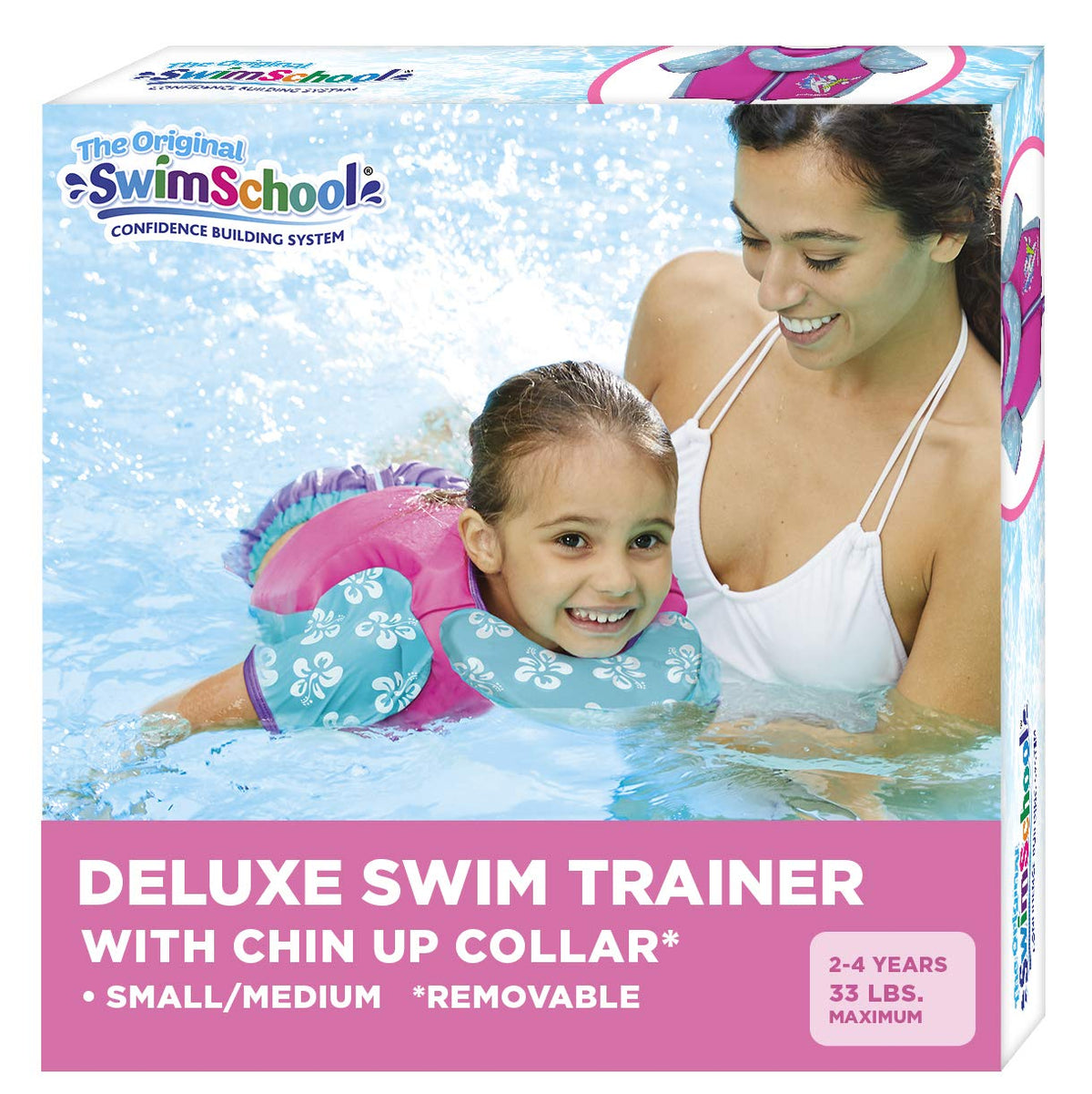 Swimschool - Entrenador de natación, talla pequeña/mediana, chaleco de natación con mangas para los hombros, correa de seguridad ajustable y cuello extraíble para la barbilla, rosa y aguamarina