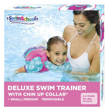 Swimschool - Entrenador de natación, talla pequeña/mediana, chaleco de natación con mangas para los hombros, correa de seguridad ajustable y cuello extraíble para la barbilla, rosa y aguamarina