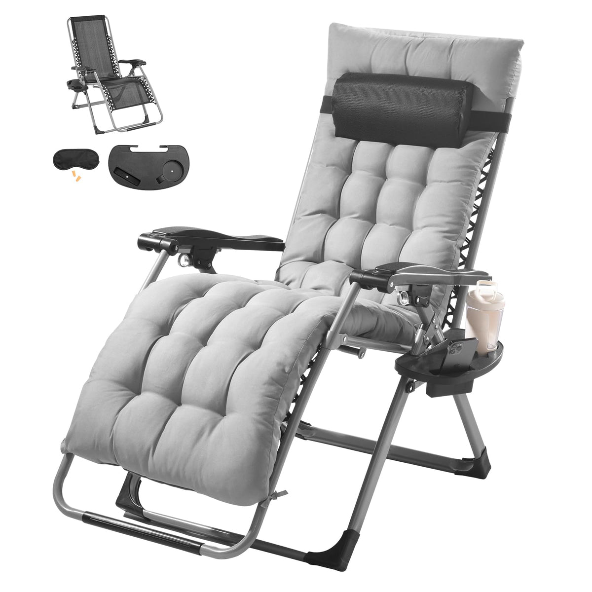 VEVOR Silla de Gravedad Cero 645 mm Sillón Reclinable para Jardín Tumbona para Terraza Capacidad de 226,8 kg Tumbona Antigravedad Ajustable con Cojín Reposacabezas Reposapiés Portavasos, Gris