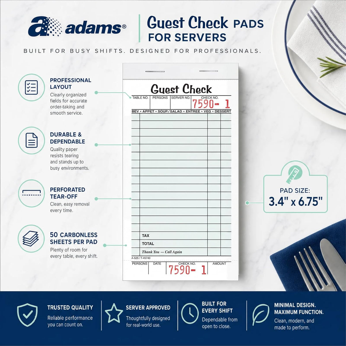 Adams Guest Check Pads, Single Part, Perforated, White, 3-2/5" x 6-3/4", 50 Sheets/Pad, 5 Pads/Pack (525SWMT)
