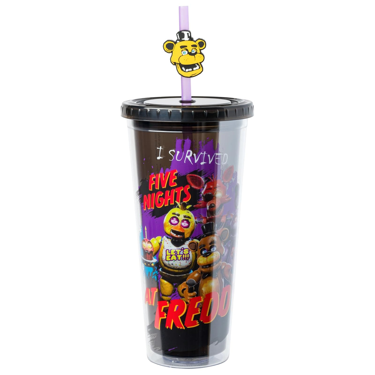 Silver Buffalo Five Nights at Freddy's - Taza fría de plástico con tapa y popote con Freddy Fazbear, Foxy, Chica y Bonnie, 24 onzas