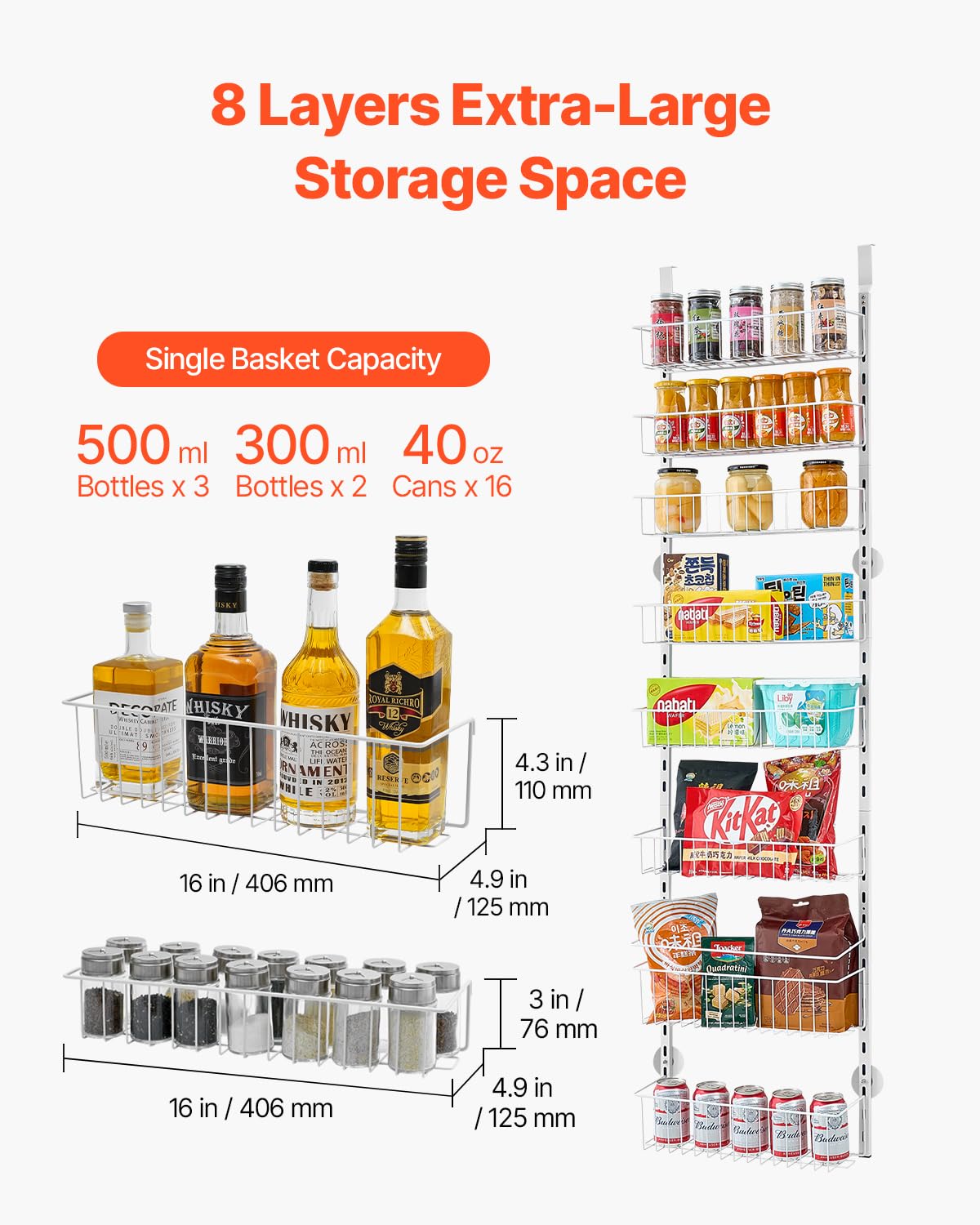 VEVOR Estante de Almacenamiento para Colgar Puerta 8 Niveles Organizador de despensa para puerta 42 x 18 x 164 cm Estante de Especias Colgante de Acero para Hogar, Cocina, Lavadero, Baño, Blanco