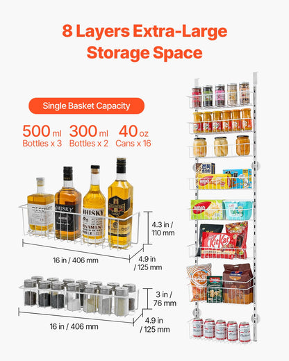 VEVOR Estante de Almacenamiento para Colgar Puerta 8 Niveles Organizador de despensa para puerta 42 x 18 x 164 cm Estante de Especias Colgante de Acero para Hogar, Cocina, Lavadero, Baño, Blanco