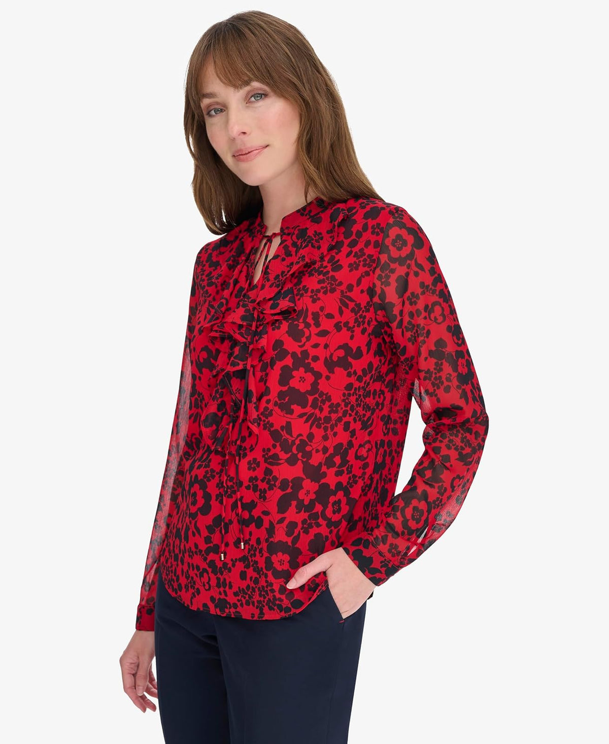 Tommy Hilfiger Camisa Manga Larga con Volantes Floral Rojo para Mujer